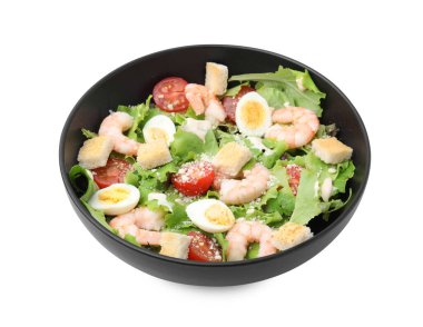Delicious Caesar salad with shrimps isolated on white