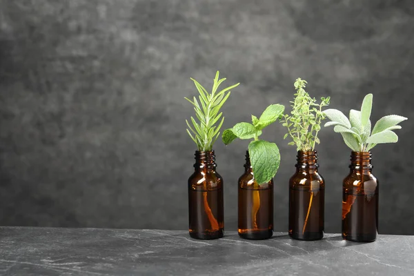 Bottles with essential oils and plants on grey textured table. Space for text