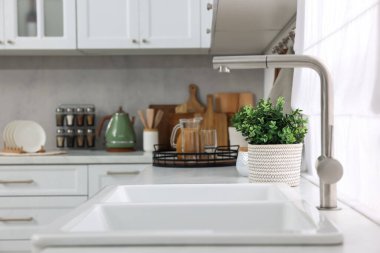 Mutfaktaki tezgahın üstüne yapay bitkiler yerleştirdim. Ev dekoru