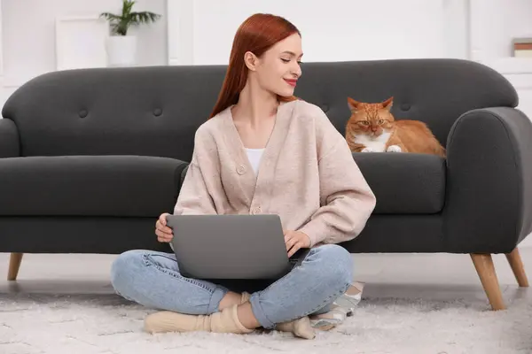 Woman working with laptop near cat on sofa at home