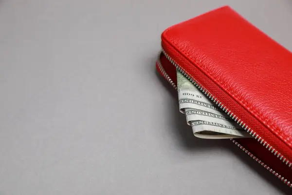 Stylish red leather purse with dollar banknotes on light grey background, closeup. Space for text