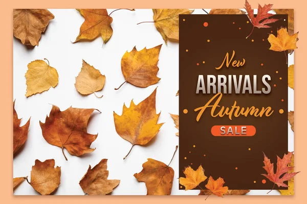 New arrivals. Flyer design with dry leaves and text Autumn Sale on white background, flat lay