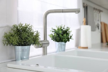 Mutfaktaki tezgahta farklı saksıda suni bitkiler var, metin için de yer var. Ev dekoru