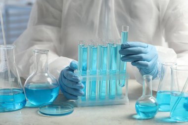 Bilim adamı laboratuardaki beyaz masada açık mavi sıvıyla test tüpü alıyor.