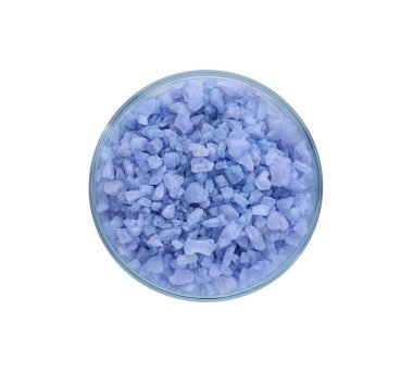 Mavi deniz tuzu konteynırı beyaza izole edilmiş, üst manzara.