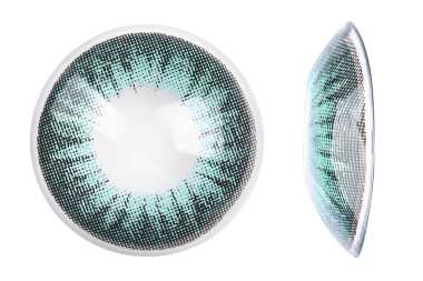 Açık mavi kontak lensler beyaz, üst ve yan görünümlerde izole