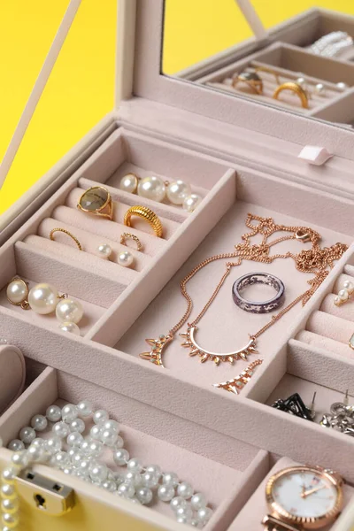 Jewelry box with many different accessories, closeup