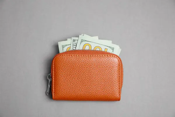 Stylish brown leather purse with dollar banknotes on light grey background, top view