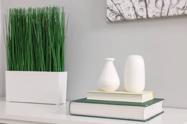 Potted artificial plant, books and decor on white table indoors