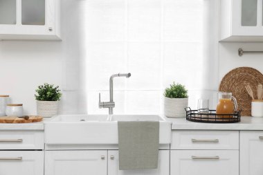 Mutfaktaki tezgahta farklı saksıda suni bitkiler var. Ev dekoru