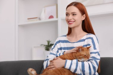 Evde kedisi olan mutlu bir kadın. Metin için boşluk