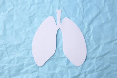 Kağıtlar insan akciğerleri şeklinde açık mavi buruşuk arka plan, üst görünüm
