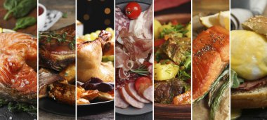 Lezzetli yemek çeşitleri. Farklı öğünlerle kolaj, yakın çekim