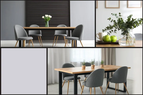 Ideas of stylish dining room interior design, collage of photos. Space for text