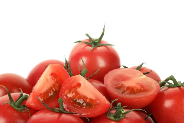 Whole Cut Cherry Tomatoes Isolated White Closeup — Stock Photo, Image