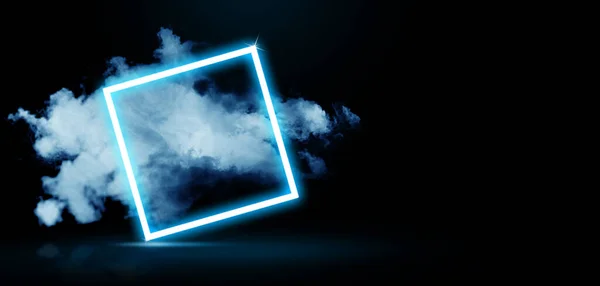 Glowing square blue neon frame with smoke on black background. Banner design with space for text