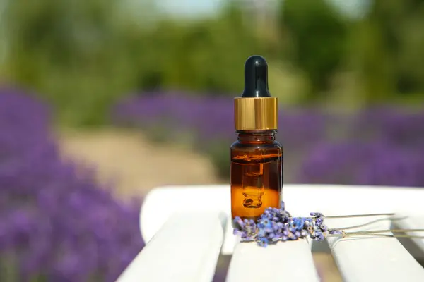 Bottle of essential oil and lavender flowers on white wooden table in field, closeup