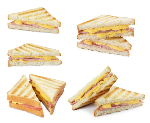 stock image Tasty grilled sandwiches with ham and melted cheese isolated on white, collection