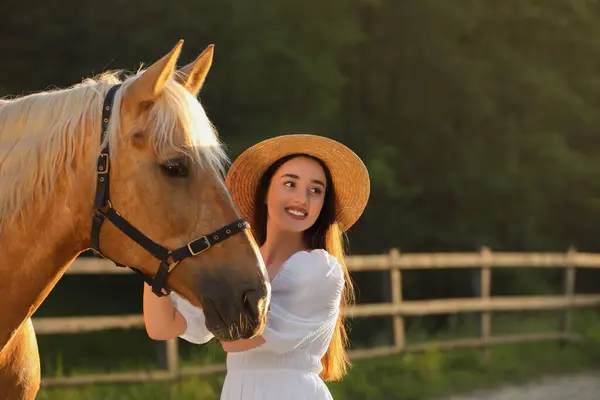 屋外で愛らしい馬を飼っている女性 愛らしい家畜ペット — ストック写真