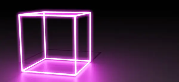 Glowing pink neon cube on black background. Banner design with space for text