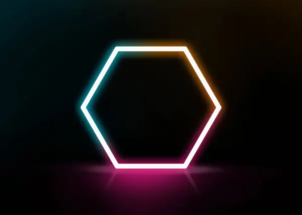 Glowing hexagonal neon frame on black background, space for text