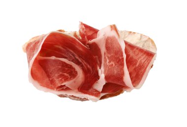 Pişmiş jambonlu lezzetli sandviç, beyaza izole edilmiş, üst manzara.