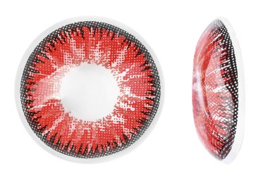 Beyaz, üst ve yan görünümlerde izole kırmızı kontak lensler