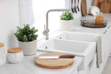 Mutfaktaki tezgahta farklı saksıda suni bitkiler var. Ev dekoru