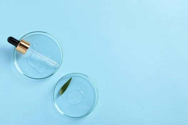 Petriskåle Med Prøver Kosmetisk Olie Pipette Grønt Blad Lyseblå Baggrund - Stock-foto