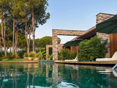 Lüks otellerde yüzme havuzu, egzotik bitkiler, şemsiyeler ve güneşlikler.