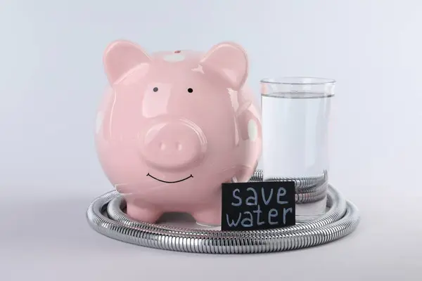 Water scarcity concept. Card with phrase Save Water, piggy bank, shower hose and glass of drink isolated on white