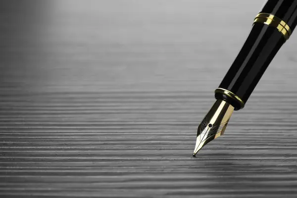 Stylish Fountain Pen Black Wooden Table Closeup Space Text — Stock Photo, Image
