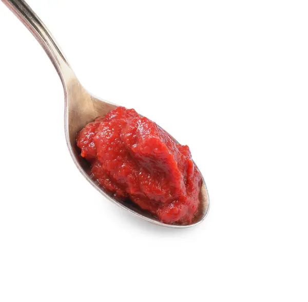 Spoon Tasty Tomato Paste Isolated White — Stock Photo, Image
