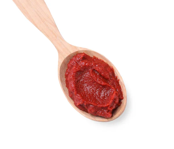 Wooden Spoon Tasty Tomato Paste Isolated White Top View — Stock Photo, Image