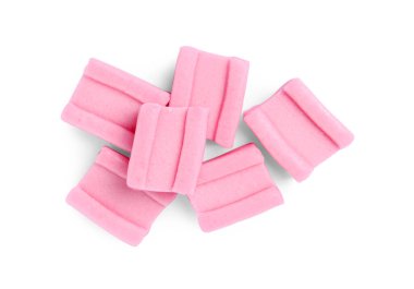 Beyaz, üst görünümde izole edilmiş lezzetli pembe baloncuk dişetleri.