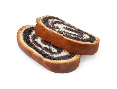 Beyaza izole edilmiş haşhaş tohumu dilimleri. Pasta nefis.