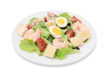 Delicious Caesar salad with shrimps isolated on white