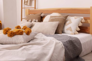 Yumuşak yastıkları ve odada battaniyesi olan büyük, rahat bir yatak. Ev tekstili