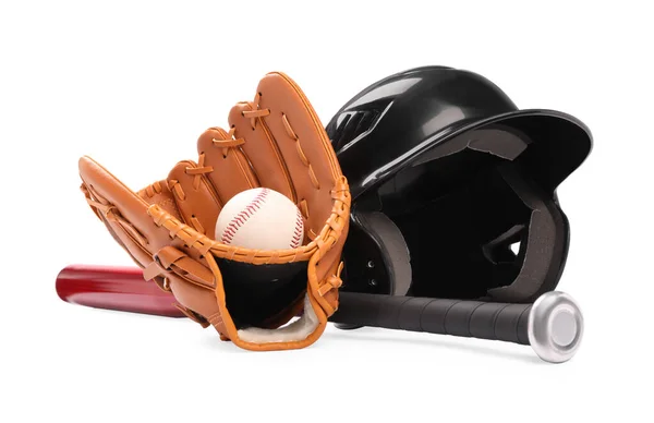 Baseball Bat Piłka Kask Rękawica Odizolowane Białym — Zdjęcie stockowe