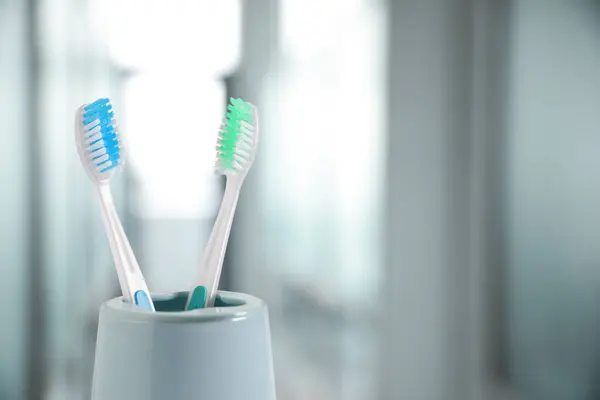 Plastic toothbrushes in holder against blurred background, closeup. Space for text