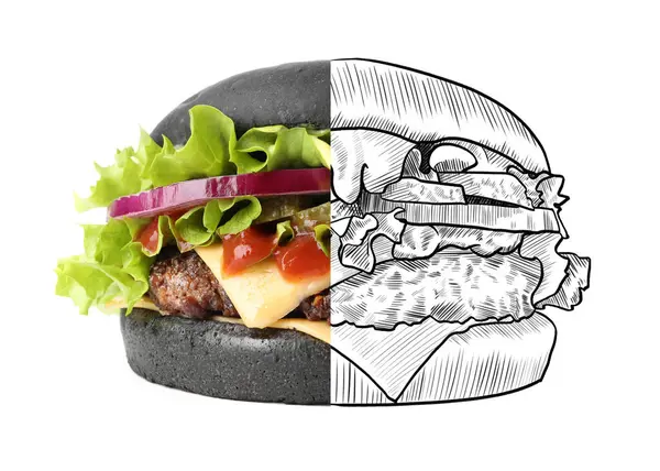 Black burger on white background. Combination of photo and sketch