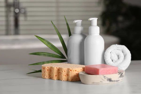 stock image Composition with spa products on white marble table indoors, space for text