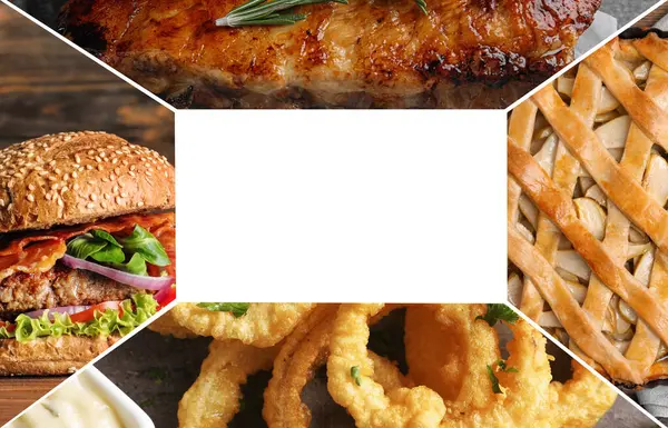 Different tasty American dishes. Collage with burger, onion rings, roasted ribs and apple pie, space for text