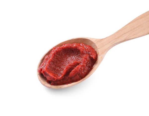 Wooden Spoon Tasty Tomato Paste Isolated White — Stock Photo, Image