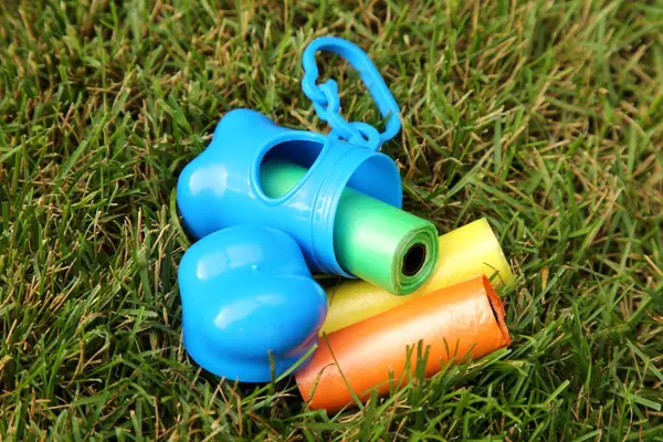 Rolls of colorful dog waste bags on green grass outdoors, above view