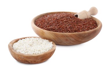 Beyaz üzerine izole edilmiş farklı pirinç çeşitleri olan kaseler.