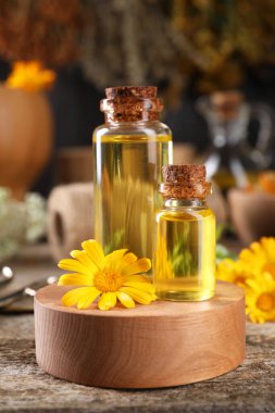 Bottles of essential oils and calendula flower on wooden table. Medicinal herbs clipart