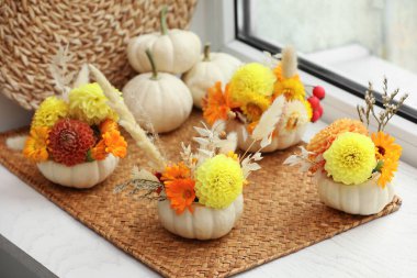 Küçük balkabaklarıyla kompozisyon, güzel çiçekler ve beyaz pencere pervazlarında dikenler.