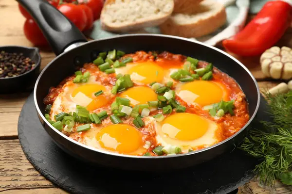 stock image Delicious Shakshuka in frying pan on wooden table, closeup