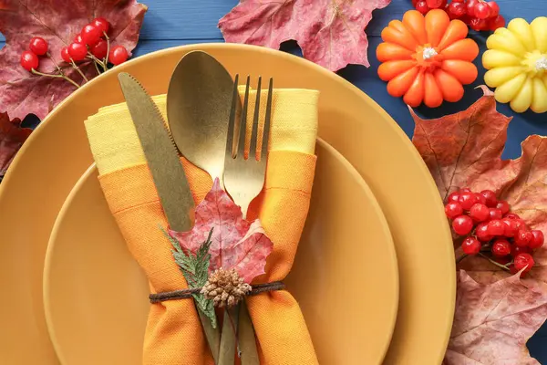 Thanksgiving Day Beautiful Table Setting Autumn Decoration Flat Lay Royalty Free Stock Photos